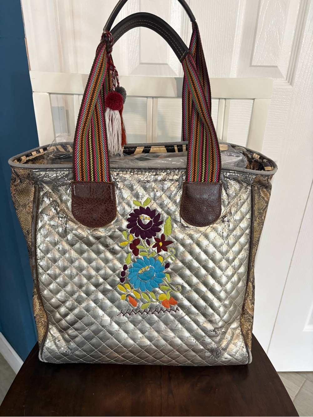 Consuela Metallic Silver Quilted Tote with Snake-Print Sides - Picture 4 of 8